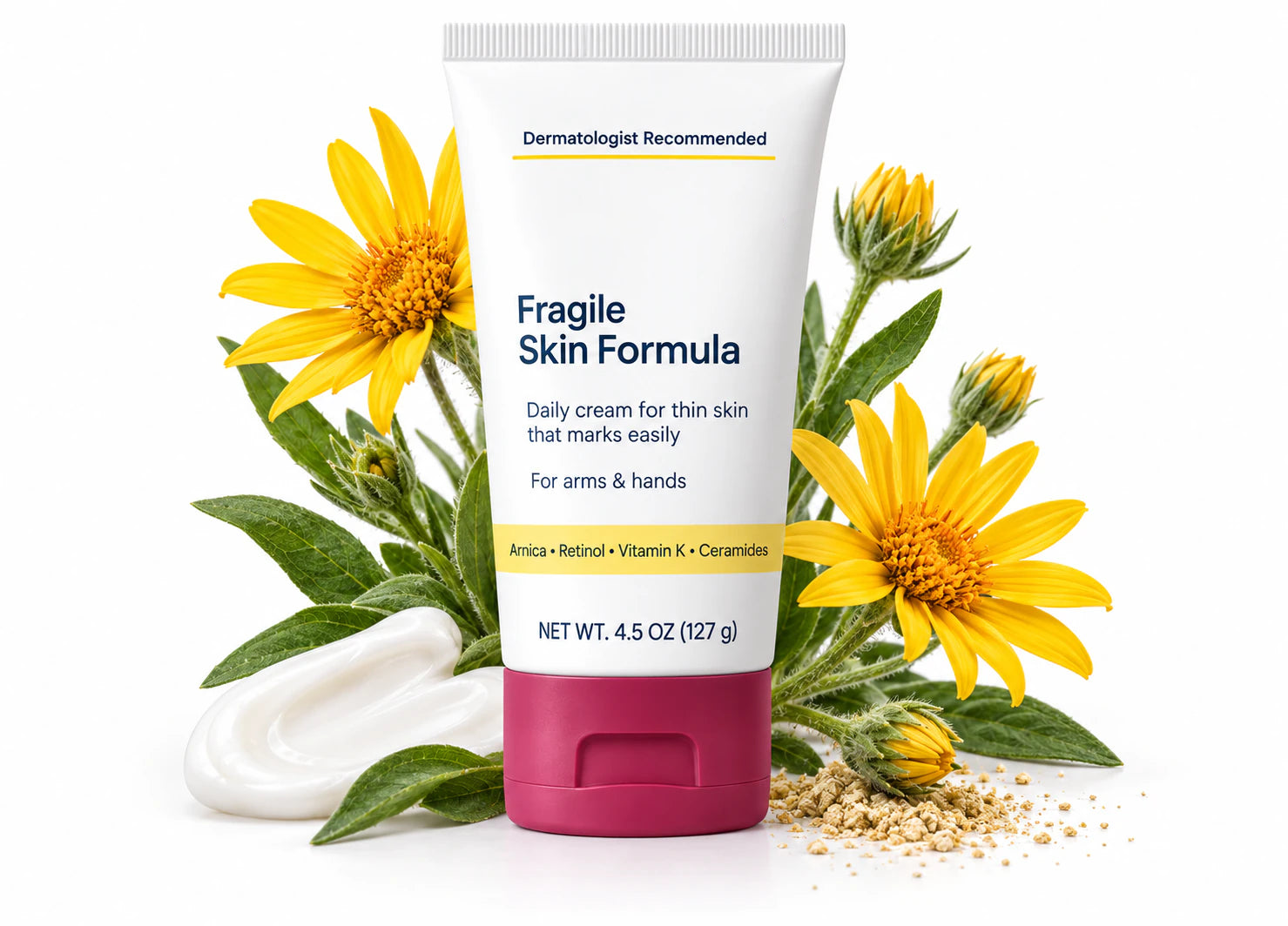 ssiki Fragile Skin Formula surrounded by Arnica montana flowers