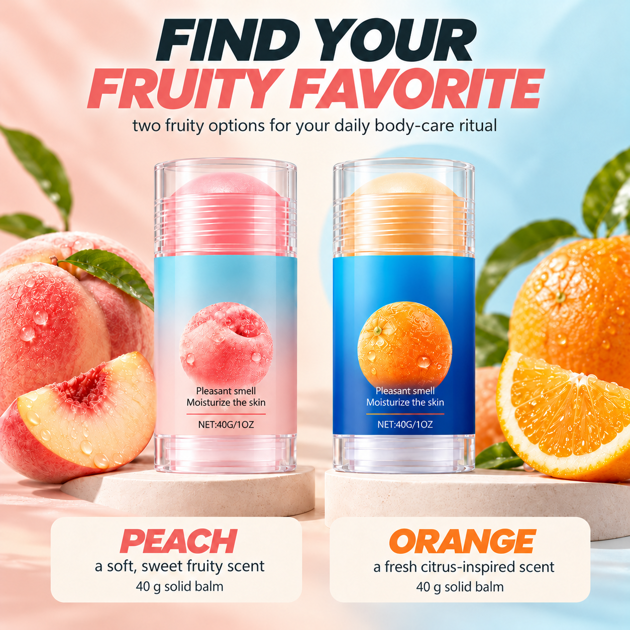 Peach and orange moisturizing balm stick options