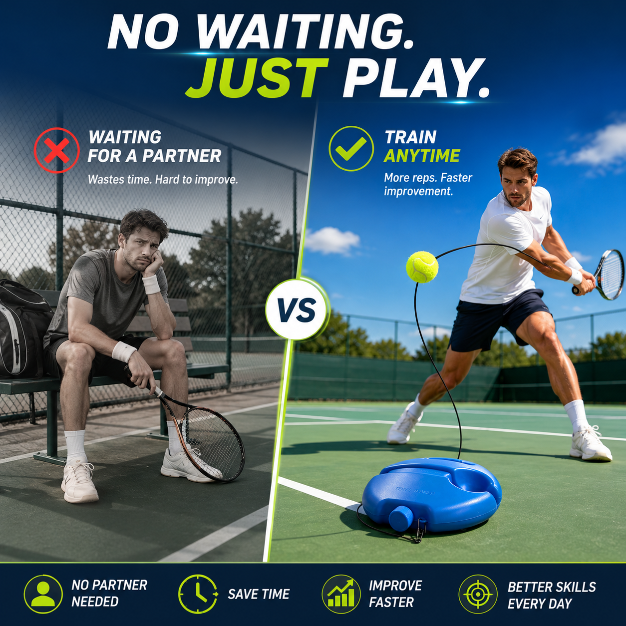 🎾 Solo Tennis Trainer Rebound Set – Practice Anytime, No Partner Needed，2 Balls
