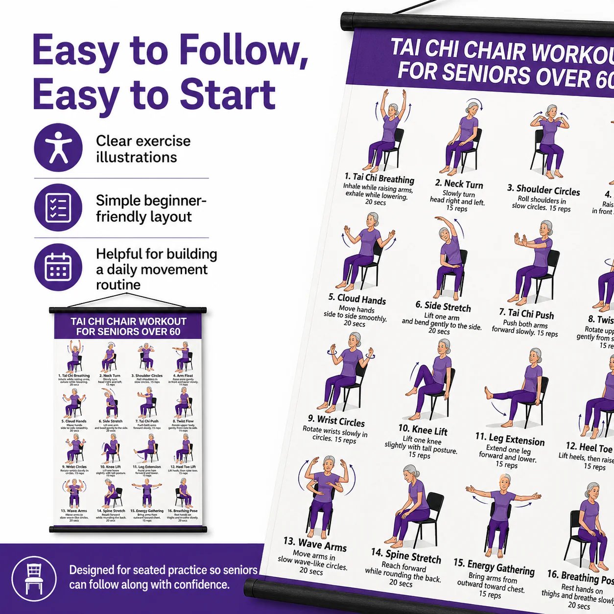 🔥Tai Chi Chair Workout Chart for Seniors (16 x 24 inches)