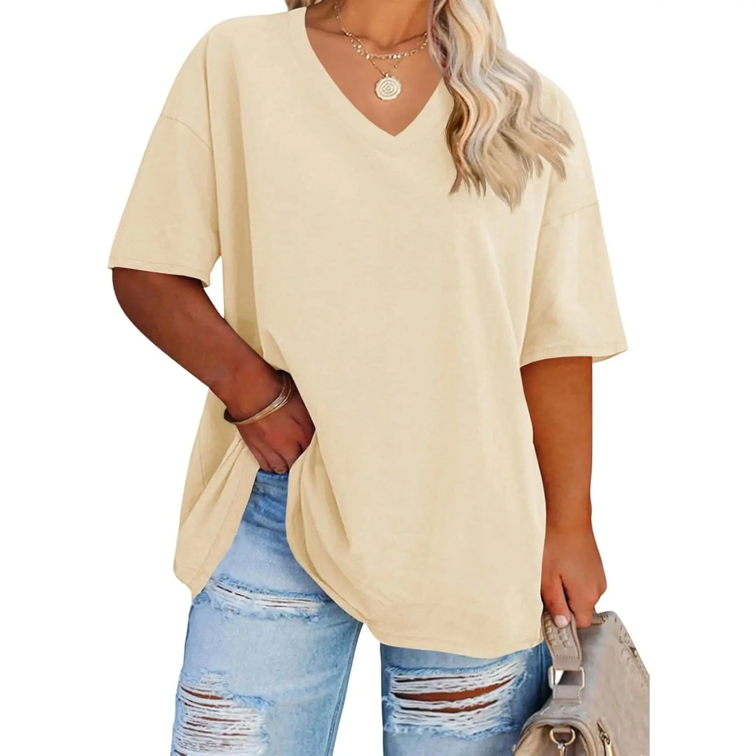 Women's Plus Size V Neck Half Sleeve Tunic Tee Loose Fit Cotton Summer