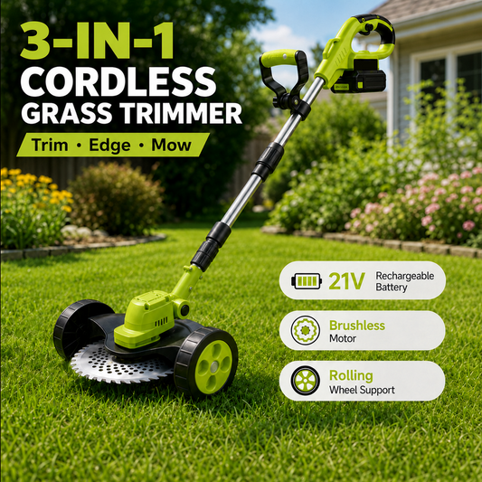 🌿⚡21V 3-in-1 Cordless String Trimmer, Edger & Mini Mower – 2 Batteries Included