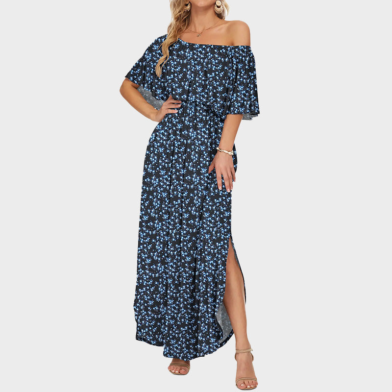 Plus Size Off Shoulder Split Maxi Dress with Ruffle and Pockets