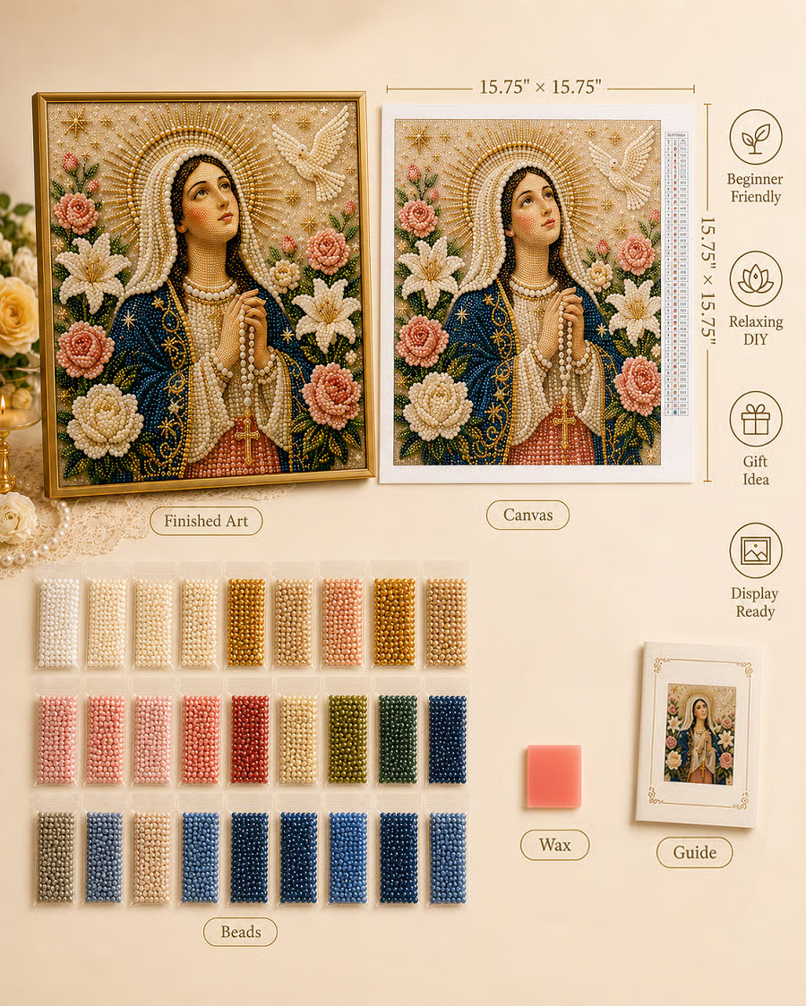 🙏 Divine Pearl Bead Virgin Mary Icon – A Peaceful DIY Faith Art Gift ✨