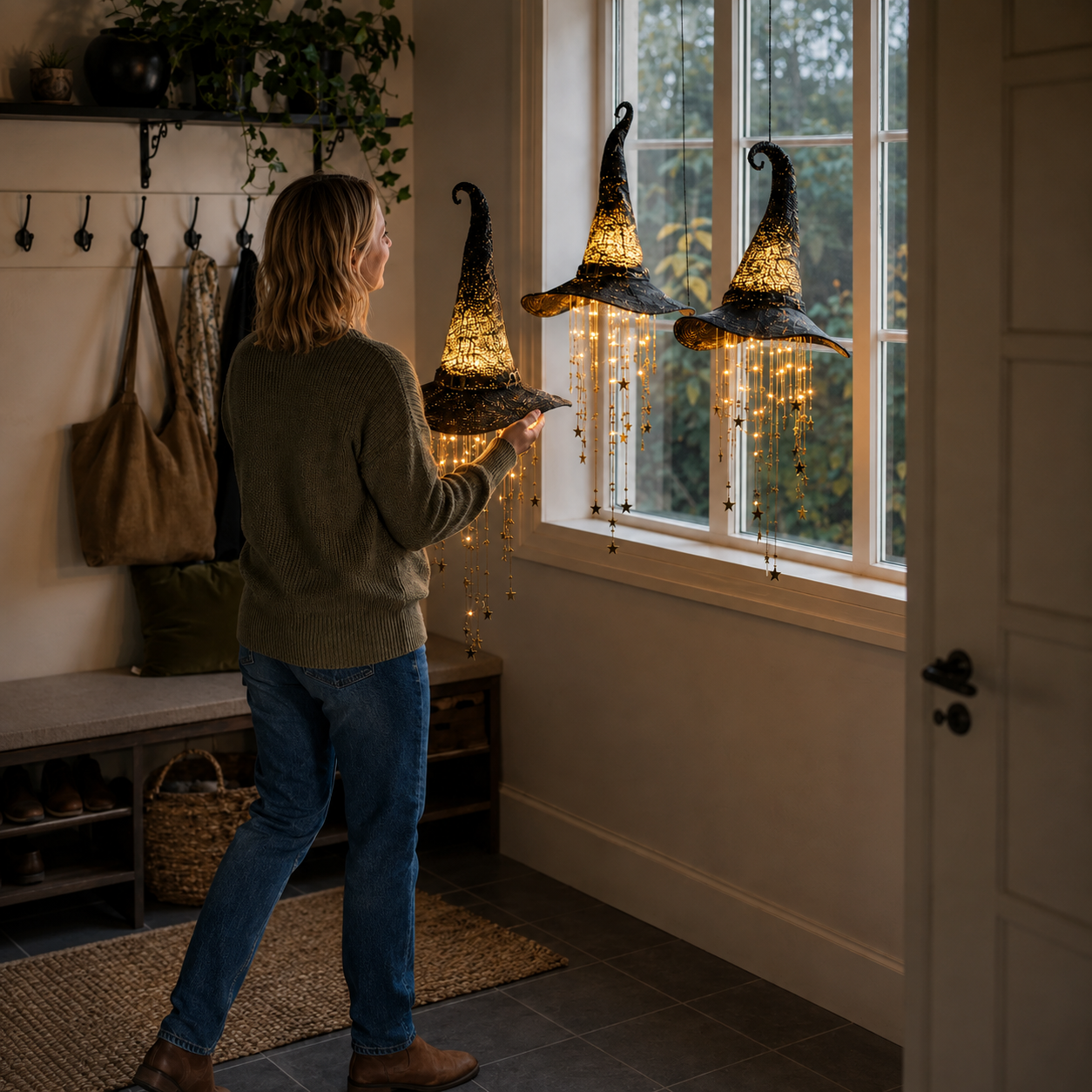 Lighted Witch Hat Hanging Decor – Magical Halloween Porch & Window Light