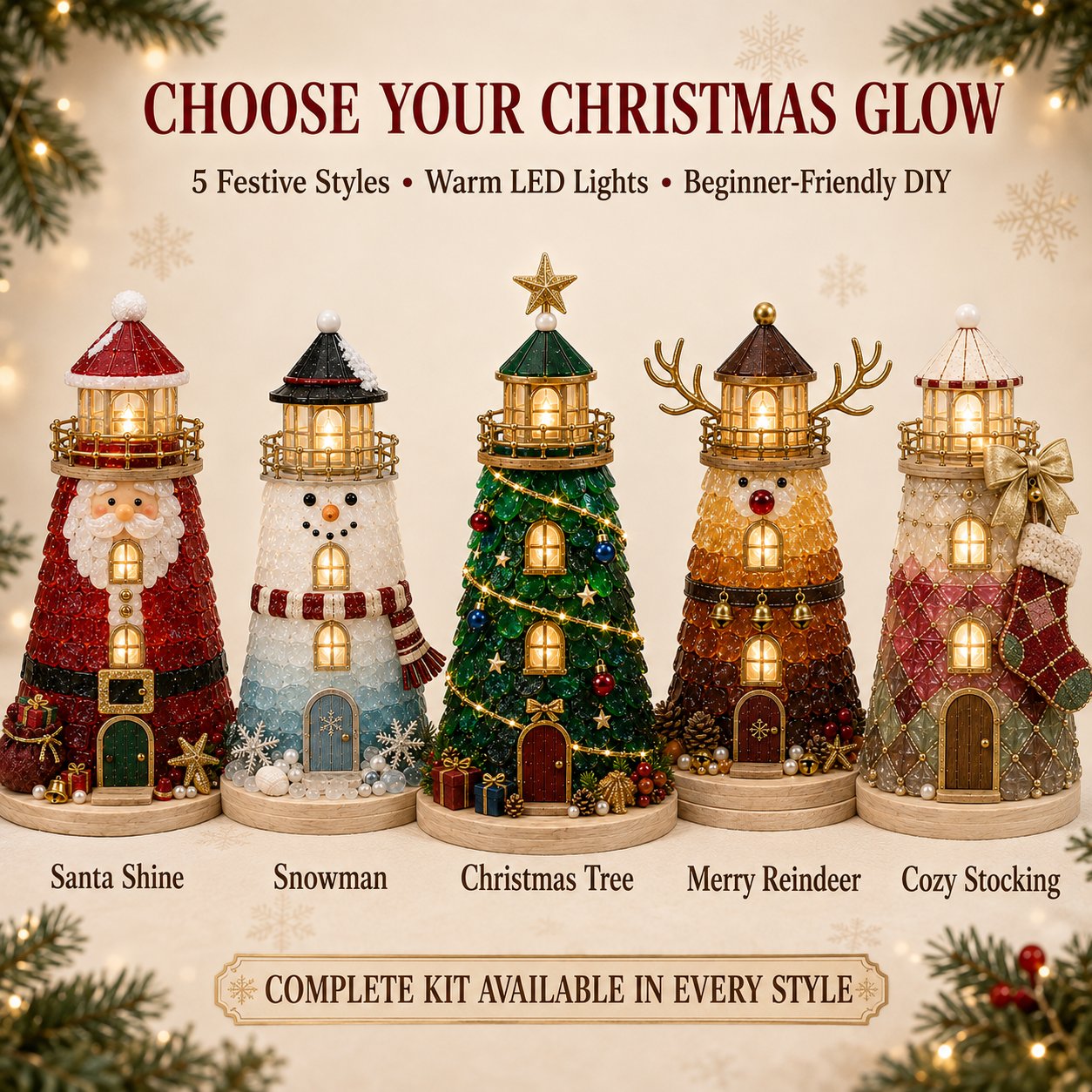 🎅 2026 Christmas Gift --🎄Beginner-Friendly DIY Lighted Christmas Character Sea Glass-Style Lighthouse Kit Collection | Complete Kit with Sea Glass-Style Pieces, LED Lights & Step-by-Step Guide Included 💕