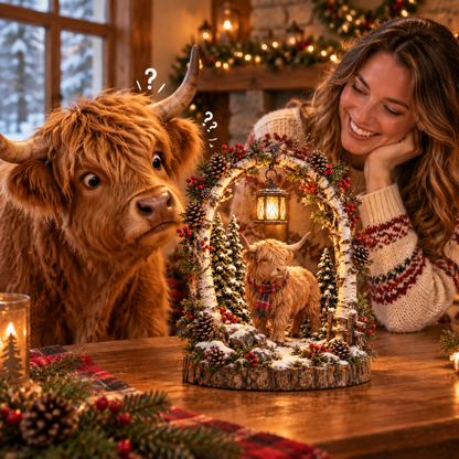🦬 Highland Cow Christmas Woodland Lantern Decor 🎄 – Rustic Lighted Farmhouse Winter Tabletop Decoration 🎁