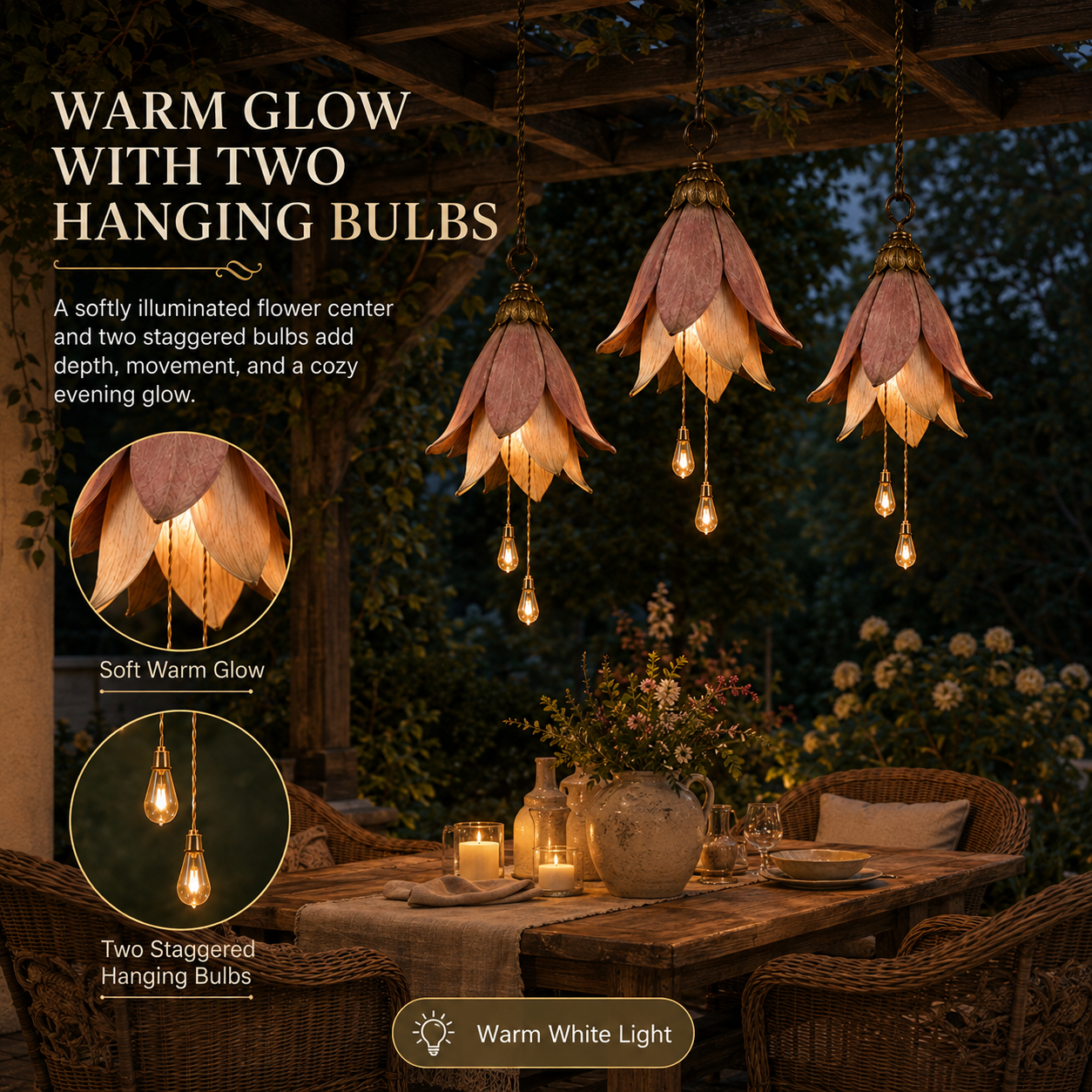 🌸 Set of 3 Vintage Hanging Flower Lights – Warm Glow Garden & Patio Decor