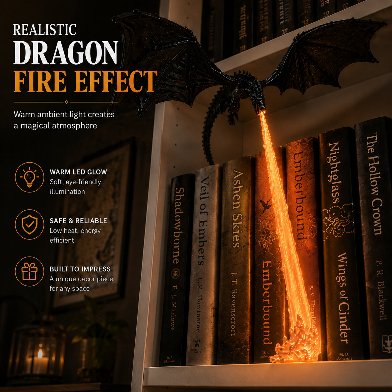 🐉 Fire-Breathing Dragon Bookshelf Lamp – Fantasy LED Shelf Decor