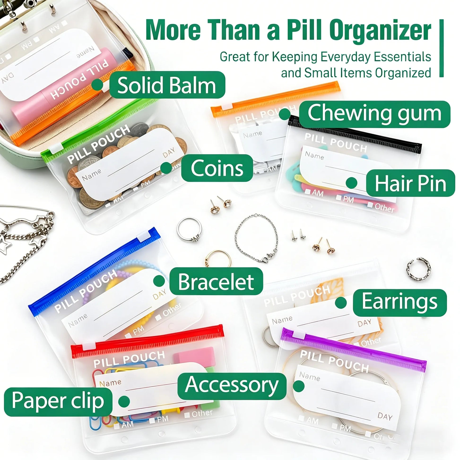💊A8 Waterproof 14-Pouch Weekly Pill Organizer, Color-Coded Travel Storage for Vitamins & Supplements