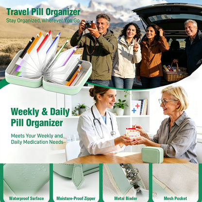 💊A8 Waterproof 14-Pouch Weekly Pill Organizer, Color-Coded Travel Storage for Vitamins & Supplements
