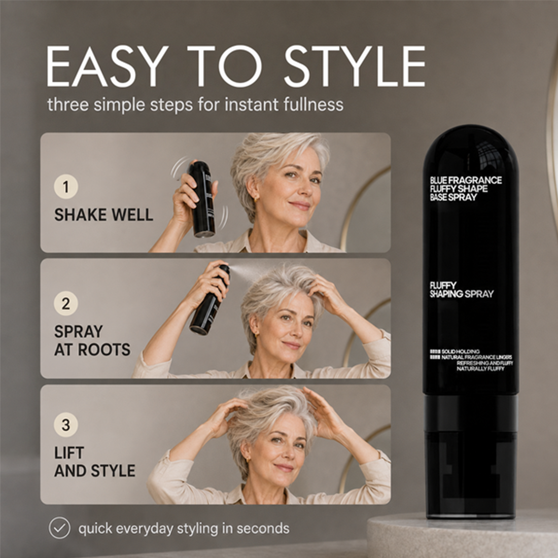 Peach-scented volumizing & setting spray—for lightweight, bouncy hair and long-lasting hold.