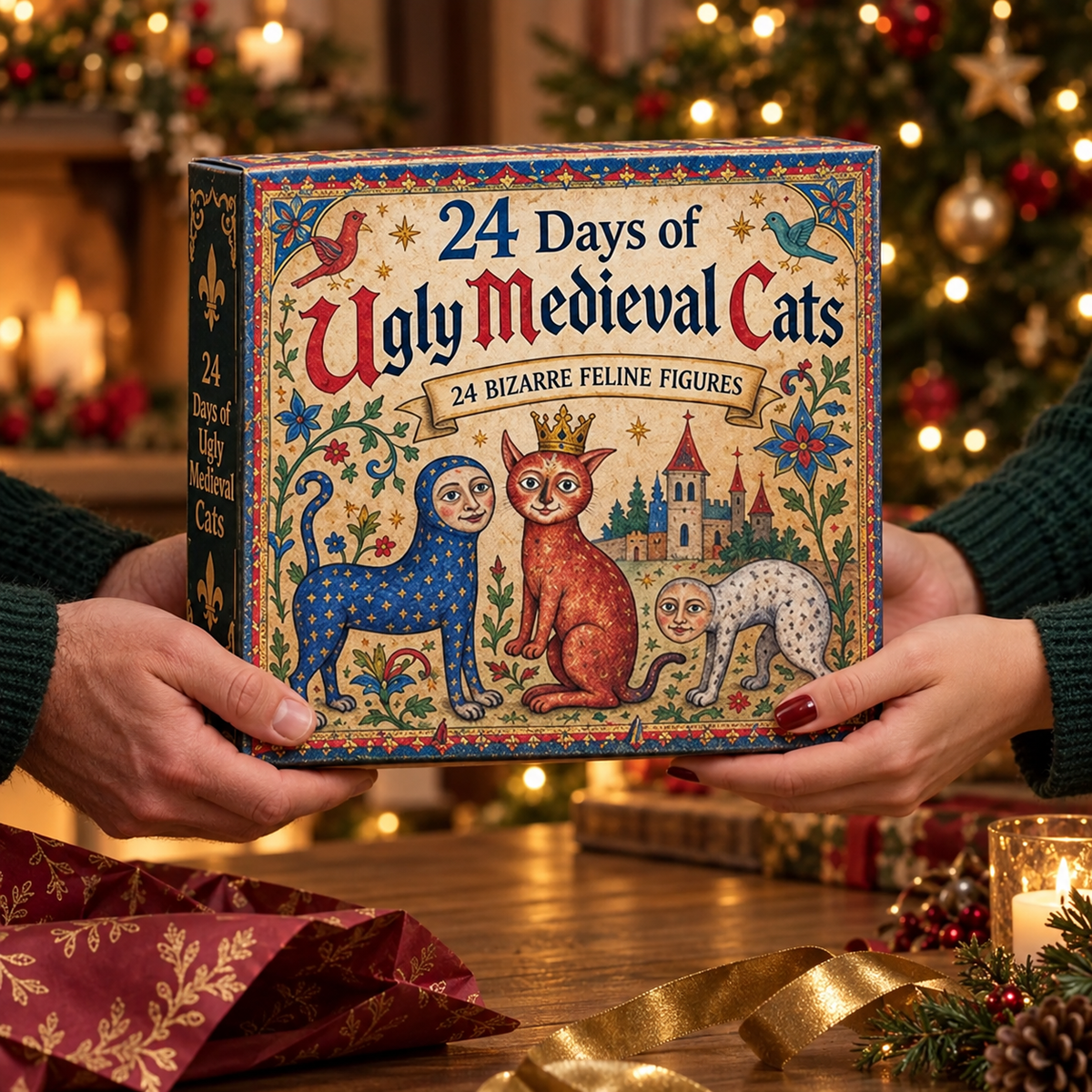Hands holding the illustrated medieval cat calendar box as a Christmas gift