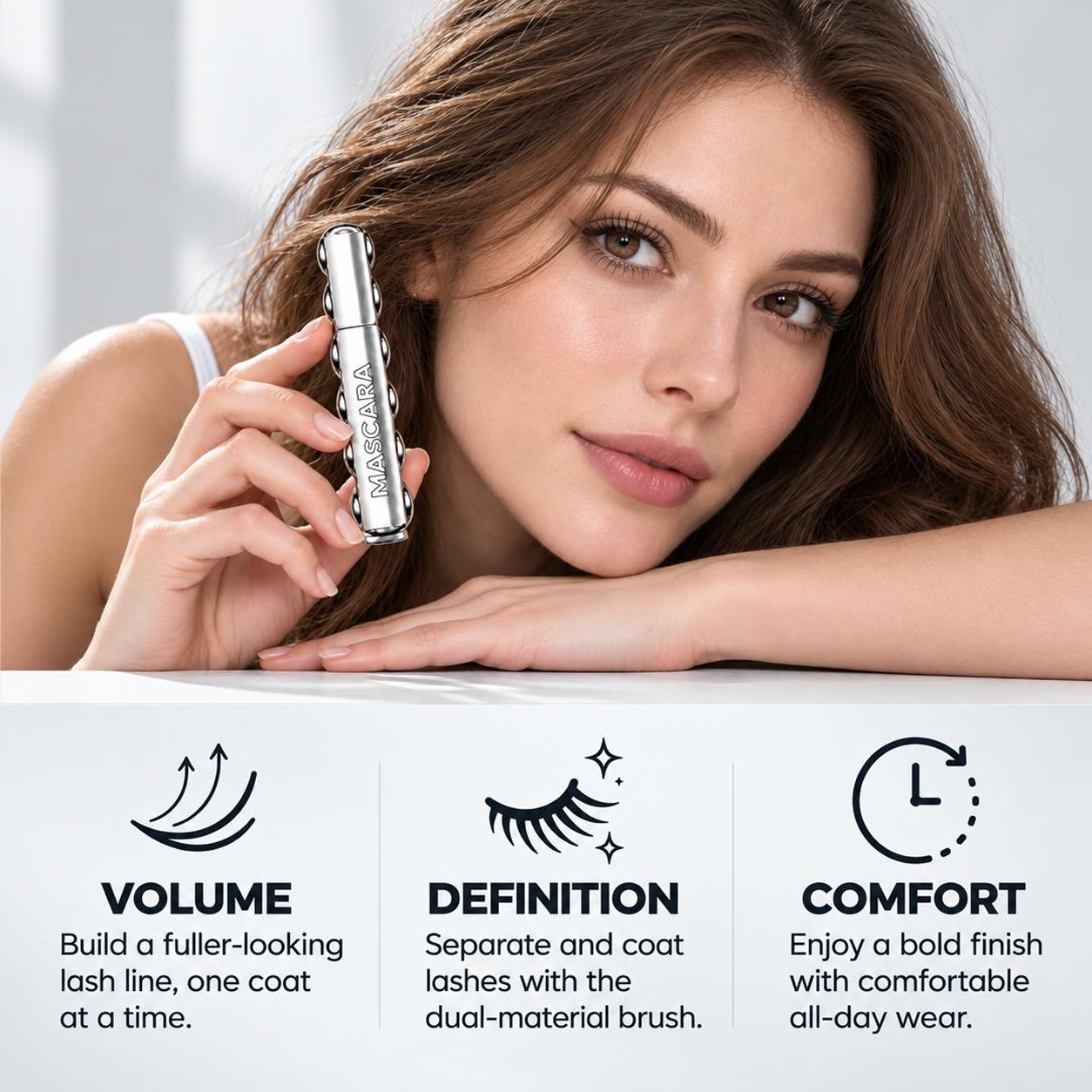 Woman holding mascara beside volume and definition highlights
