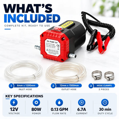 12V 80W Electric Oil Extractor Pump – Engine Oil & Gear Oil Transfer Kit with Hoses