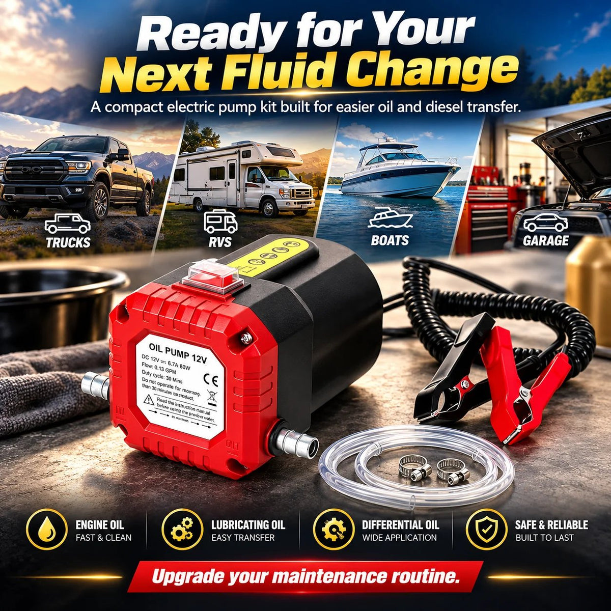 12V 80W Electric Oil Extractor Pump – Engine Oil & Gear Oil Transfer Kit with Hoses
