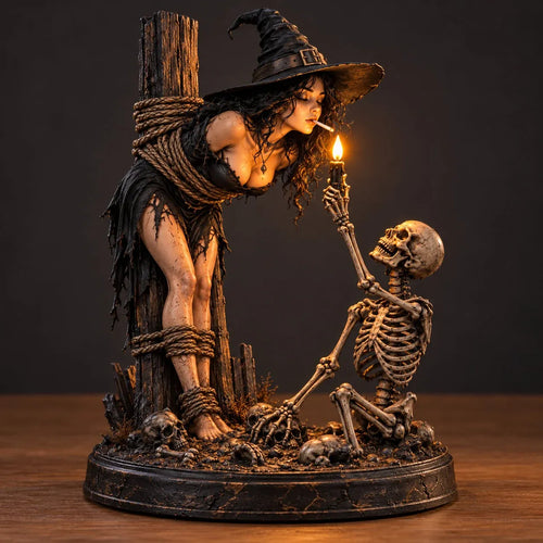 ⏳ 🖤 Light-Up Witch & Skeleton Gothic Figurine | Dark Halloween Tabletop Scene with Glowing Flame Detail 🔥