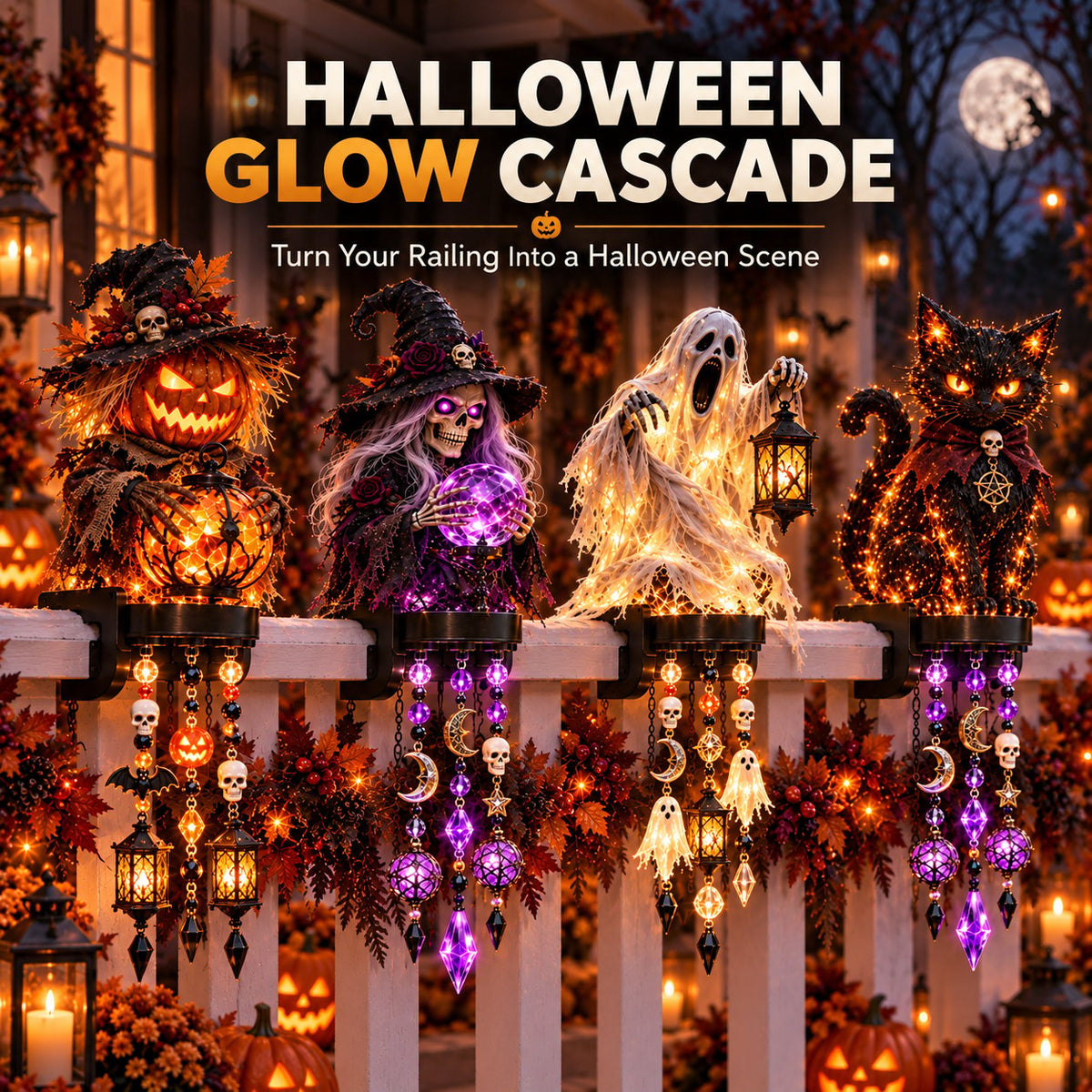 🏡🔥HOT SALE🔥🎃 Halloween Character Glow Cascade Railing Lights – Pumpkin, Witch, Ghost & Black Cat