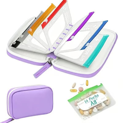 💊A8 Waterproof 14-Pouch Weekly Pill Organizer, Color-Coded Travel Storage for Vitamins & Supplements
