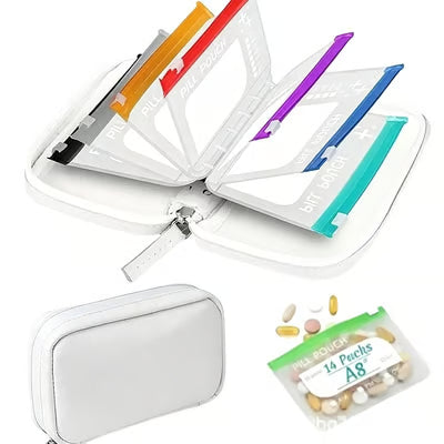 💊A8 Waterproof 14-Pouch Weekly Pill Organizer, Color-Coded Travel Storage for Vitamins & Supplements