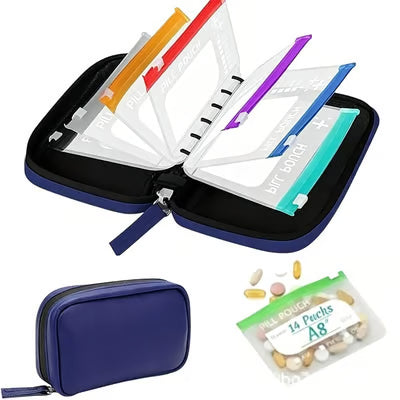 💊A8 Waterproof 14-Pouch Weekly Pill Organizer, Color-Coded Travel Storage for Vitamins & Supplements