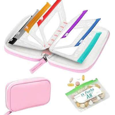 💊A8 Waterproof 14-Pouch Weekly Pill Organizer, Color-Coded Travel Storage for Vitamins & Supplements